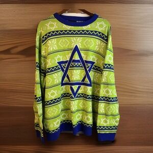 Alex Stevens Sweater Hanukkah Men's 2XL XXL Cotton Fair Isle Green Blue‎ Holiday